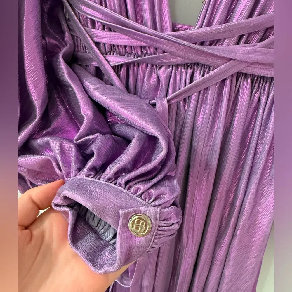 NWOT BRONX AND BANCO Zoe Metallic Blouson-Sleeve Elegant Purple Evening Gown - Picture 9 of 13